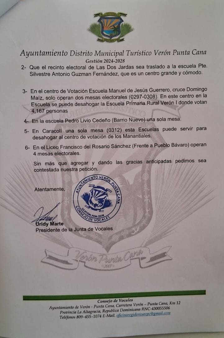 Solicitud de apertura de nuevos recintos y mesas electorales en Verón.