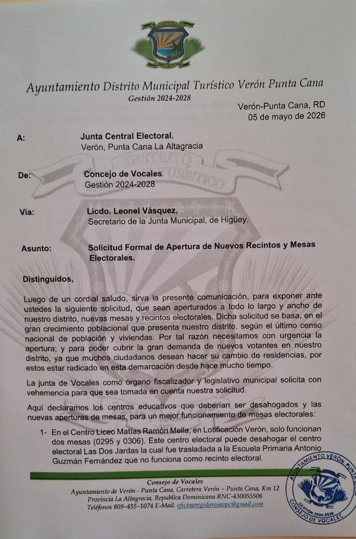 Solicitud de apertura de nuevos recintos y mesas electorales en Verón.