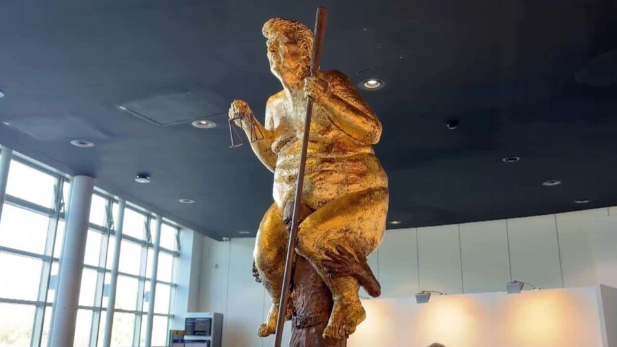 Golfistas del LIV de golf, excluidos del circuito europeo Una estatua dorada de Trump desnudo con un palo de golf sorprende al Parlamento Europeo